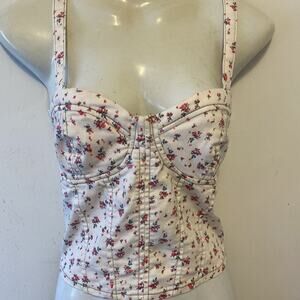 Y2K Tank Women L White Floral Milkmaid Coquette Babydoll Stretch Jrs Sexy Beachy